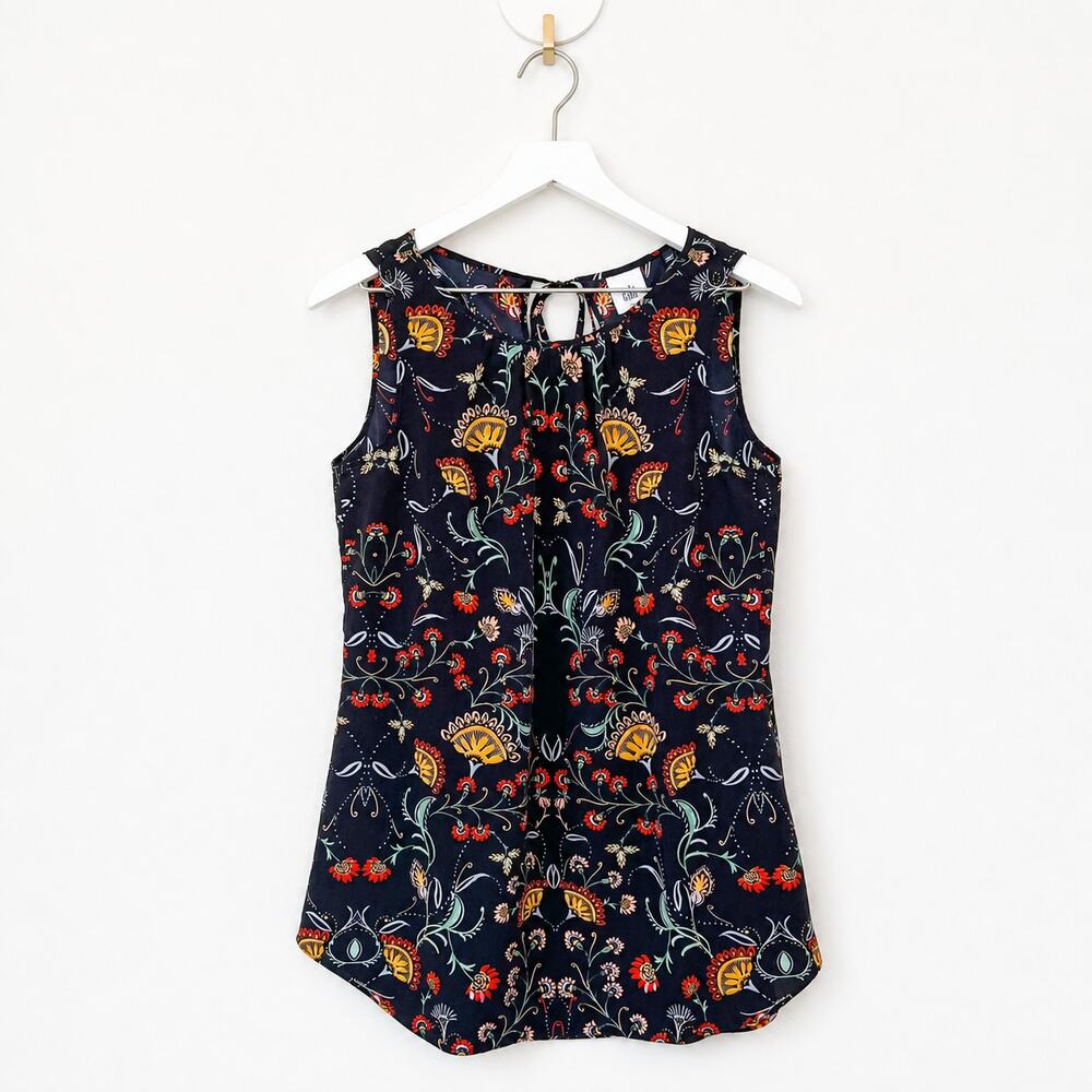 CAbi 3621 Legend Blouse Small Black Floral Folklore Sleeveless Top